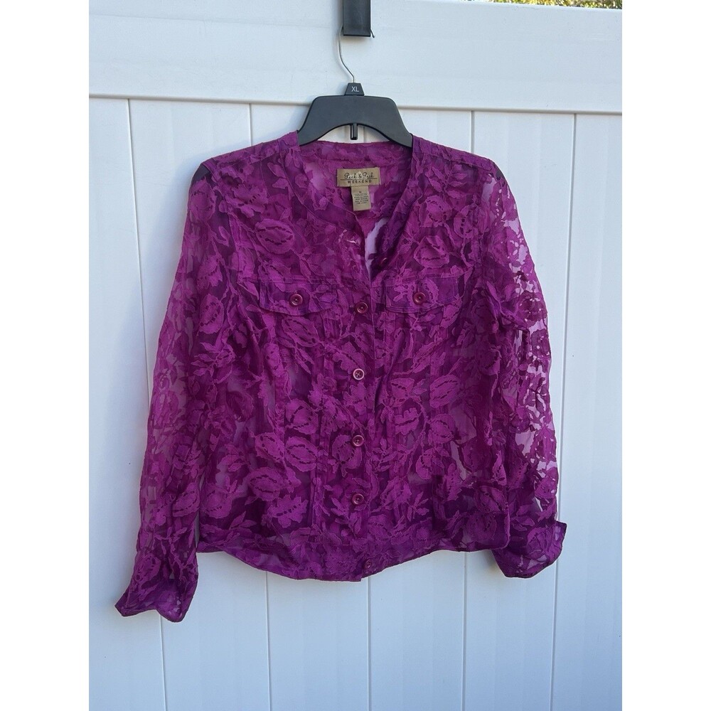 Peck & Peck Women's Medium Floral Lace Button Up Purple Sheer Vintage